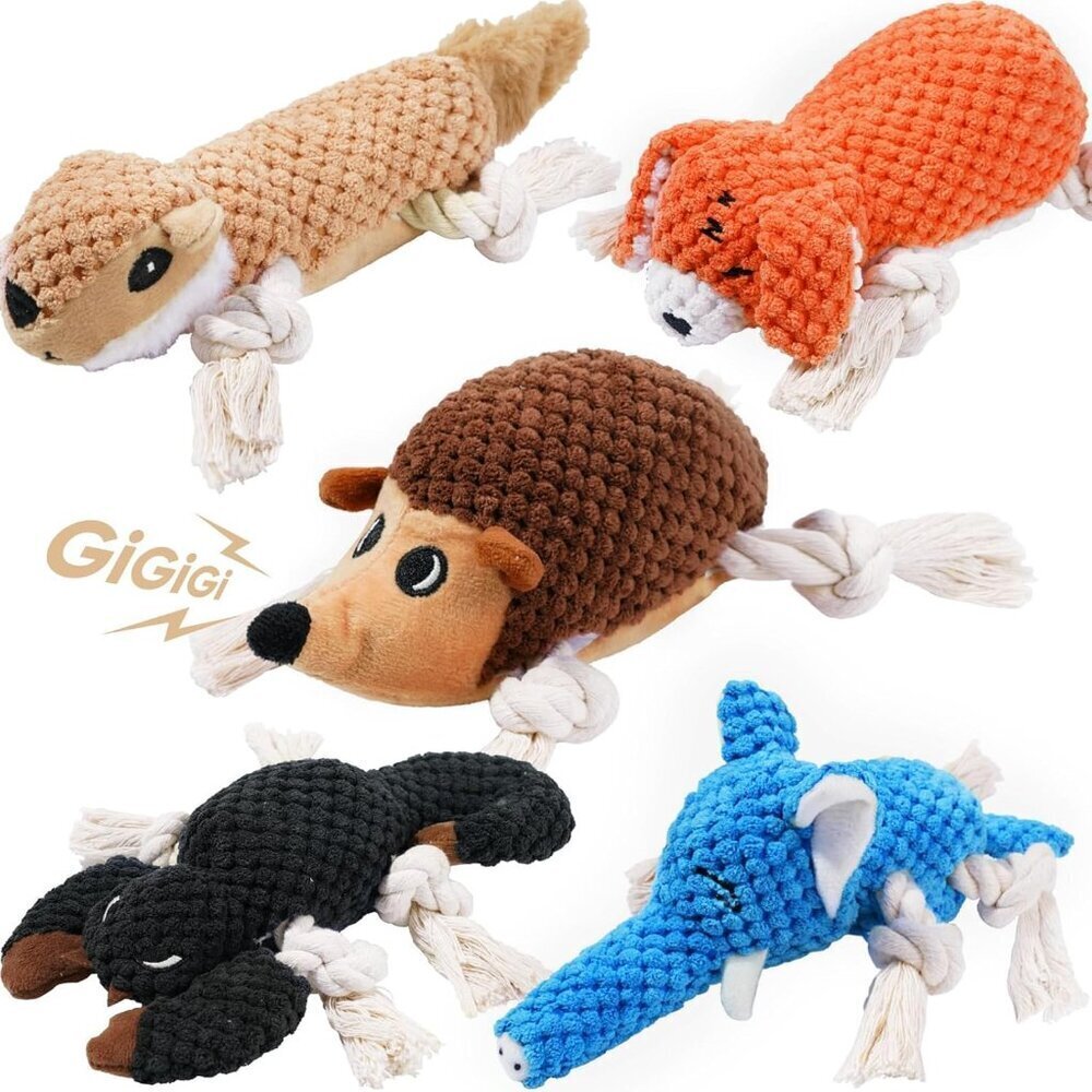 5 Pack Stuffed Animal with Tug of War Ropes Value Bundle Puppy Chew Toys